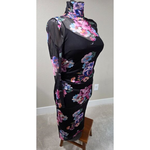 Floral Long-Sleeve Black Mesh Midi Dress With Ruched Design & High Neckline - Picture 2 of 10